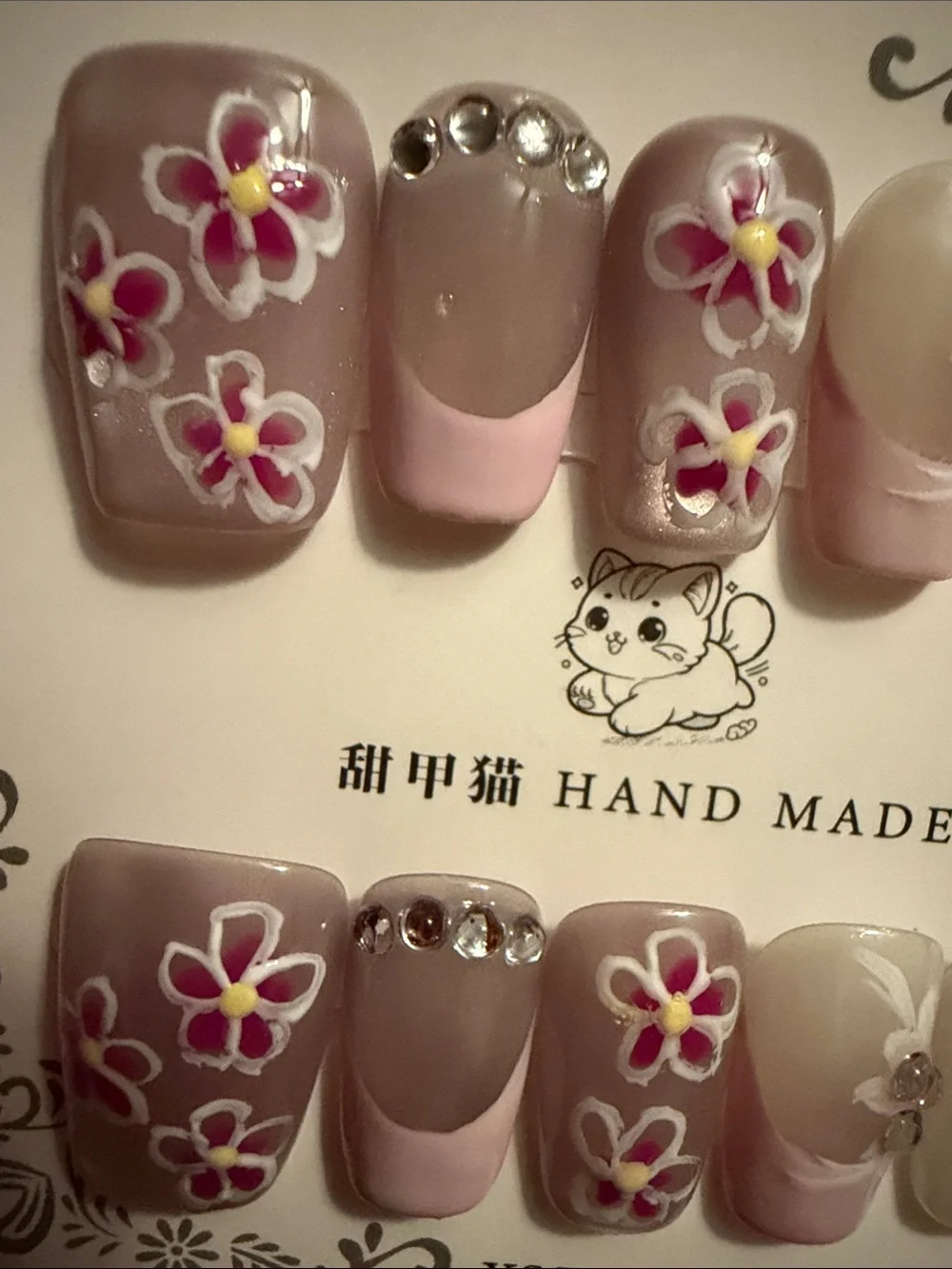 Hand Made Floral Pink & Cream Press-On Nail Set
